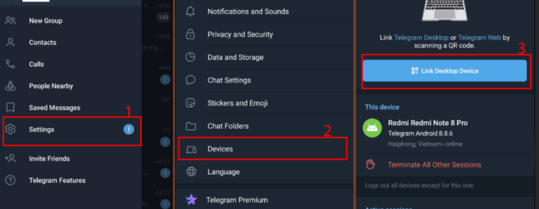 Mở QR Telergam : Setting > Devices > Link Desktop Device” /></p>
<p><strong>Bước 4: Quét Mã QR</strong><br />
Giờ hãy sử dụng camera của điện thoại để quét mã QR hiển thị trên màn hình máy tính. Telegram sẽ tự động đăng nhập vào tài khoản của bạn.</p>
<p><strong>Bước 5: Bắt Đầu Sử Dụng</strong><br />
Sau khi quét mã thành công, bạn đã có thể sử dụng Telegram ngay trên trình duyệt mà không cần cài đặt thêm ứng dụng nào.</p>
<h4>Ưu Điểm Của Telegram Web</h4>
<ol>
<li><strong>Nhẹ Nhàng và Dễ Sử Dụng:</strong> Khả năng đăng nhập từ bất kỳ nơi nào chỉ cần có kết nối Internet.</li>
<li><strong>Bảo Mật Cao:</strong> Dữ liệu được mã hóa và không lo mất tin nhắn nếu không xóa.</li>
<li><strong>Đồng Bộ Dữ Liệu:</strong> Tất cả tin nhắn, tệp tin luôn được đồng bộ hóa mà không cần thao tác phức tạp.</li>
</ol>
<p><img decoding=